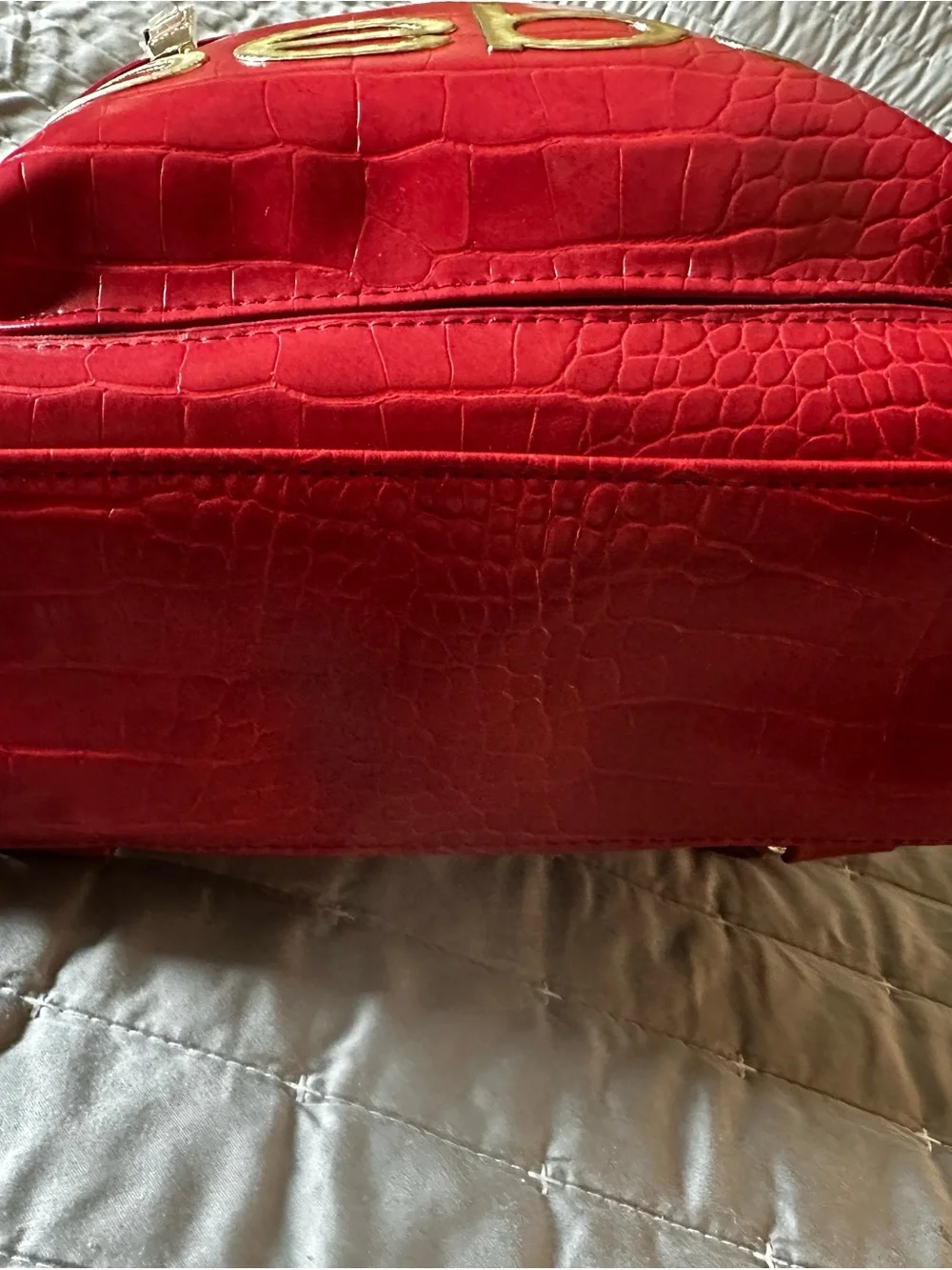 bebe Shiny Red Croc-Embossed Mini Backpack with Gold Logo